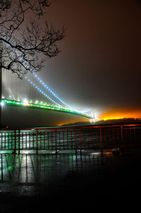 Illuminated bridge against sky at night