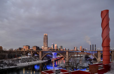 Downtown winter skyline along the river at sunrise