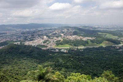 High angle view of cityscape against cloudy sky