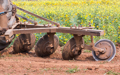 Bicycle parked by plants on field