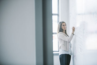 Confident businesswoman writing on whiteboard in office seen through glass door