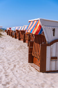 Low angle view of built structures against clear blue sky