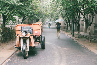 Rear view of man on road in city