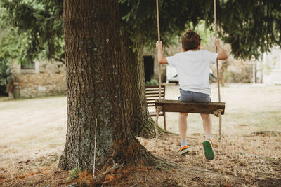 Rear view of boy on swing under trees