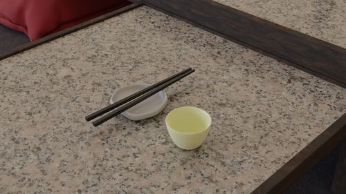 High angle view of tea cup on table