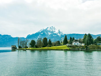 Scenic view of lake against cloudy sky