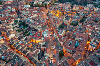 View from above of the center of the city of segovia in the evening