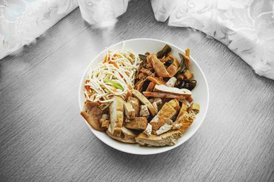 High angle view of food in plate on table