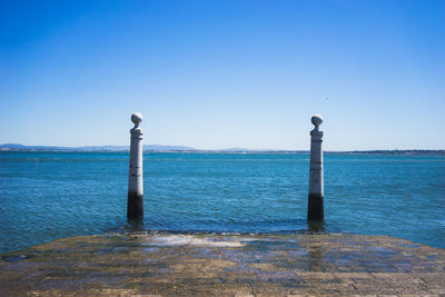 Scenic view of sea against clear blue sky