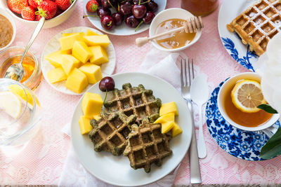 High angle view of breakfast served on table