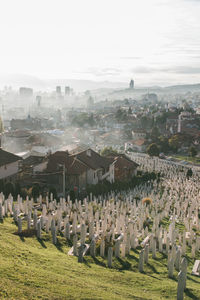 Panoramic view of cemetery and buildings in city against sky