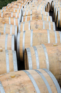 High angle view of barrels in a row. barrel in a row