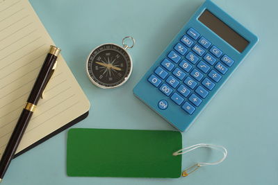 High angle view of objects on table
