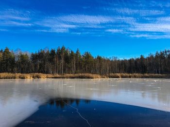 Scenic view of lake against blue sky