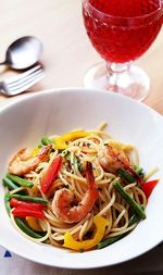 Close-up of noodles served in plate on table