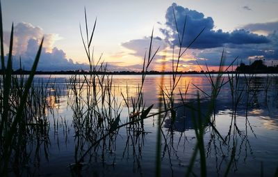 Scenic view of lake against sky during sunset