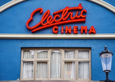 Low angle view of nostalgic vintage cinema sign