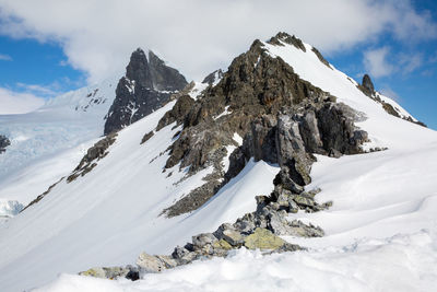 Scenic view of snow covered mountains against sky