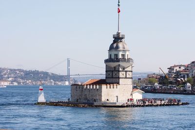 View of mosque amidst water against sky