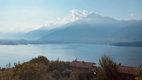 Scenic view of lake by mountains against sky