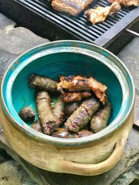 High angle view of fish in bowl on table