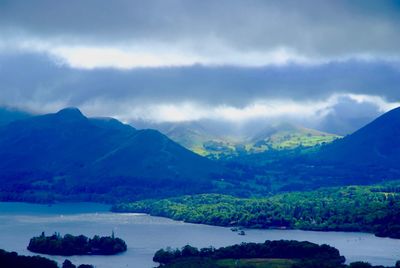 Scenic view of lake and mountains against sky