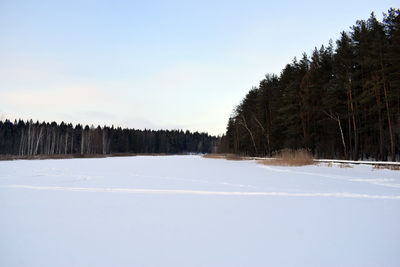 Scenic view of snow covered field against clear sky