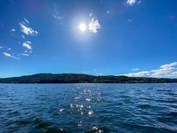 Scenic view of water against blue sky