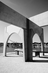 Built structure by lake against clear sky in city