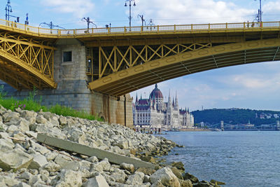 Bridge over river in city against sky