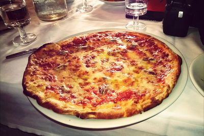 High angle view of pizza on table