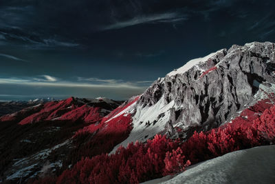 Mountain scene in infrared and blue sky