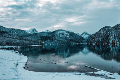 Scenic view of lake by snowcapped mountains against sky