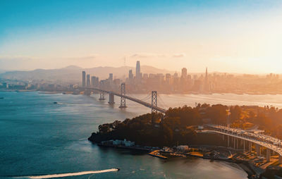 View of suspension bridge over sea