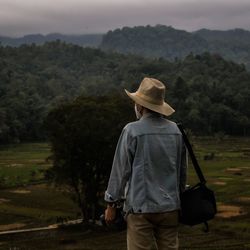 Rear view of man looking at mountains