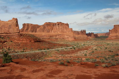 Rock formations on landscape against cloudy sky