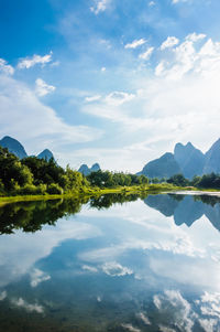 Scenic view of lake and mountains against sky