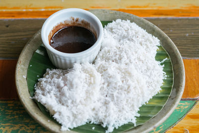 High angle view of ice cream in bowl on table