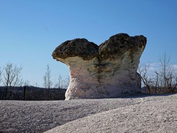 Rock formations on field against clear blue sky