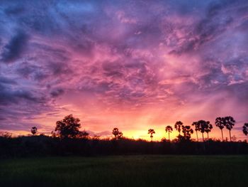 Silhouette trees on field against romantic sky at sunset