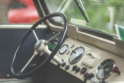 Close-up of steering wheel in vintage car