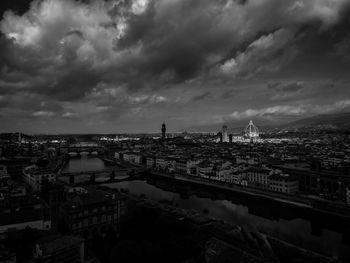 High angle view of buildings against cloudy sky