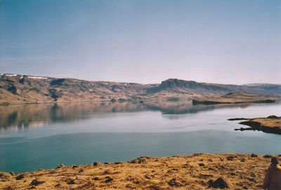 Scenic view of calm lake against clear sky