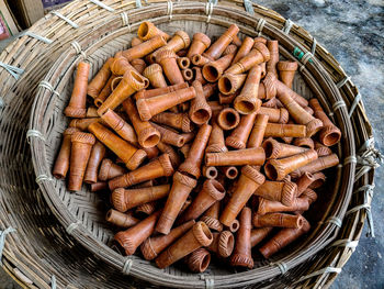 High angle view of bread in basket