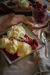 High angle view of dessert in plate on table