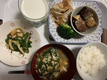 High angle view of meal served on table