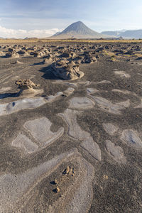 Surface level of desert against sky