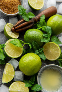 Lime, mint and ice on a dark background. the ingredients for making refreshing drinks and cocktails.