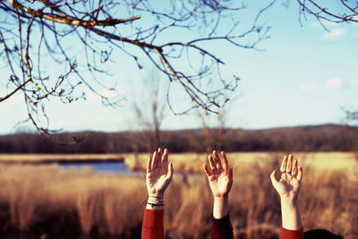 Close-up of hands on field against sky