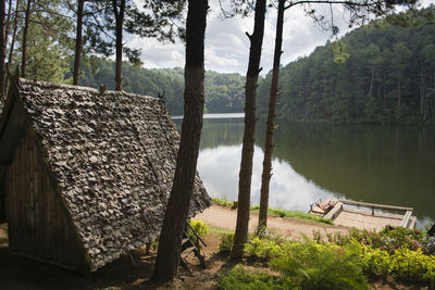 Scenic view of lake in forest against sky